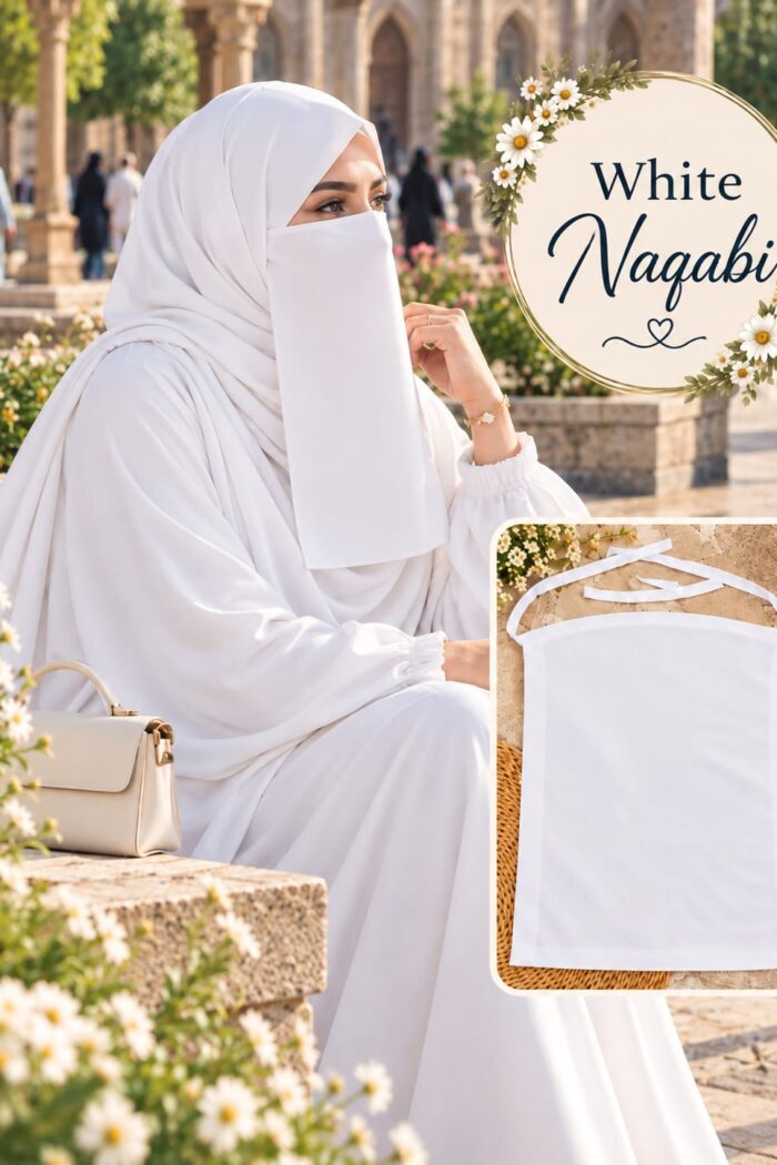 White Dori Naqabi, a Georgette niqab with dori ties covering nose and face, worn with a white abaya