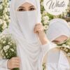 Woman wearing white fancy head cap in net fabric with beaded front panel, with close-up and flat view of the cap