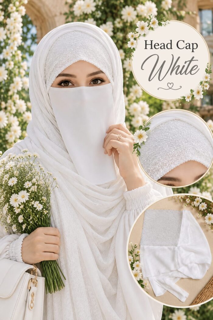 Woman wearing white fancy head cap in net fabric with beaded front panel, with close-up and flat view of the cap
