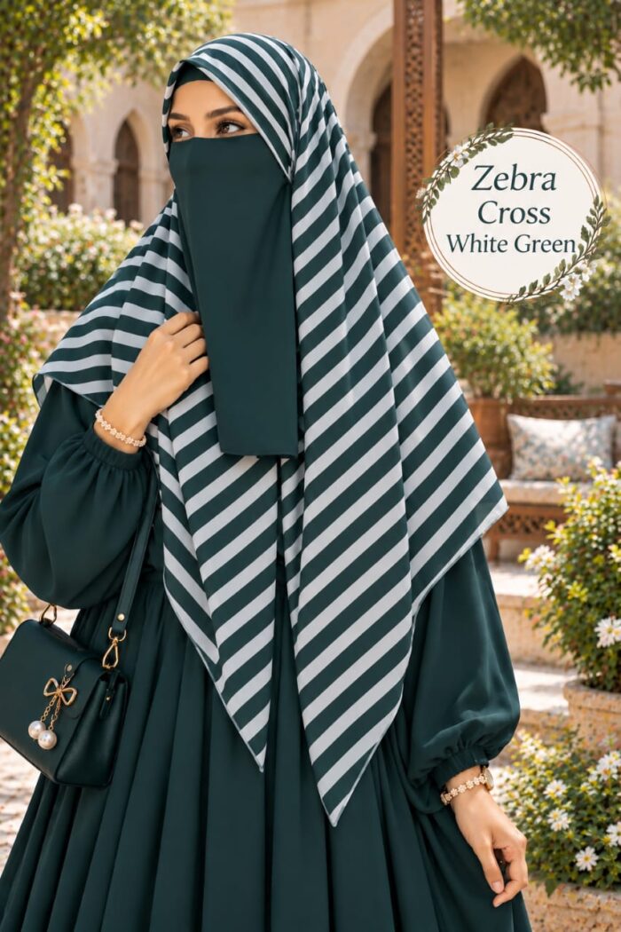 Zebra Cross striped Georgette scarf in green and white lines worn for university